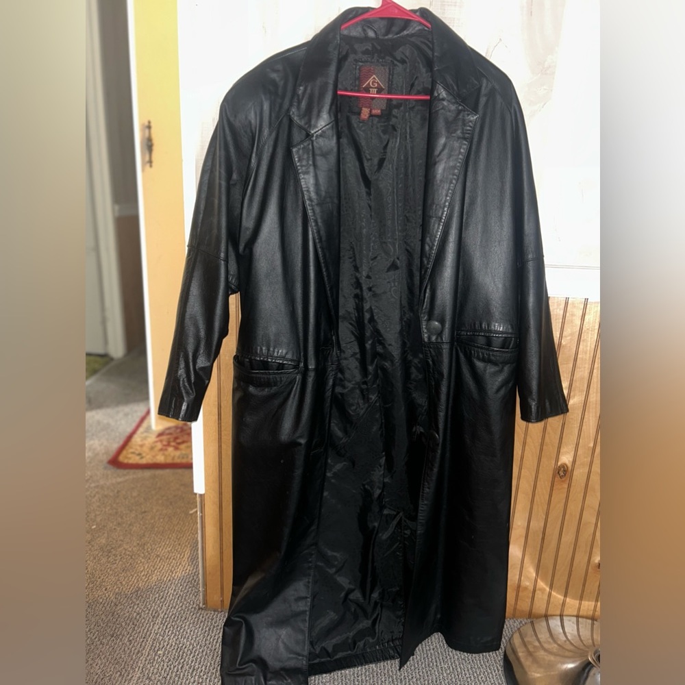 Long black leather trench coat